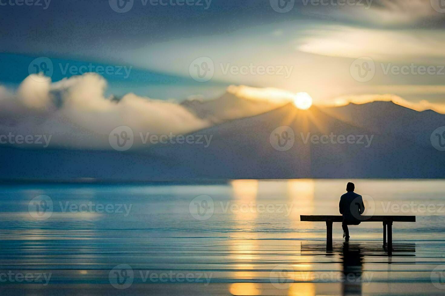 the man sits alone on a bench in the middle of the lake. AI-Generated photo