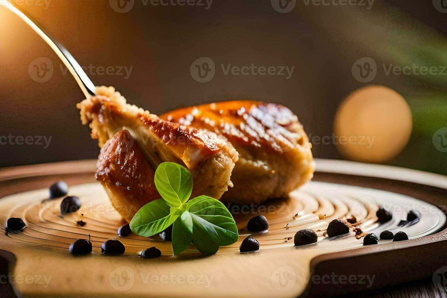 a piece of chicken on a wooden cutting board. AI-Generated photo