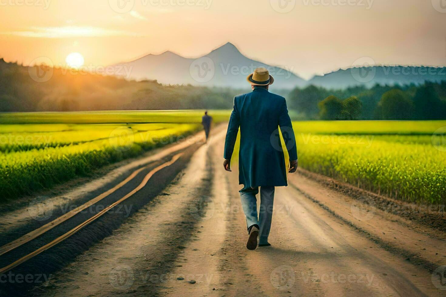 a man in a hat and suit walking down a dirt road. AI-Generated photo