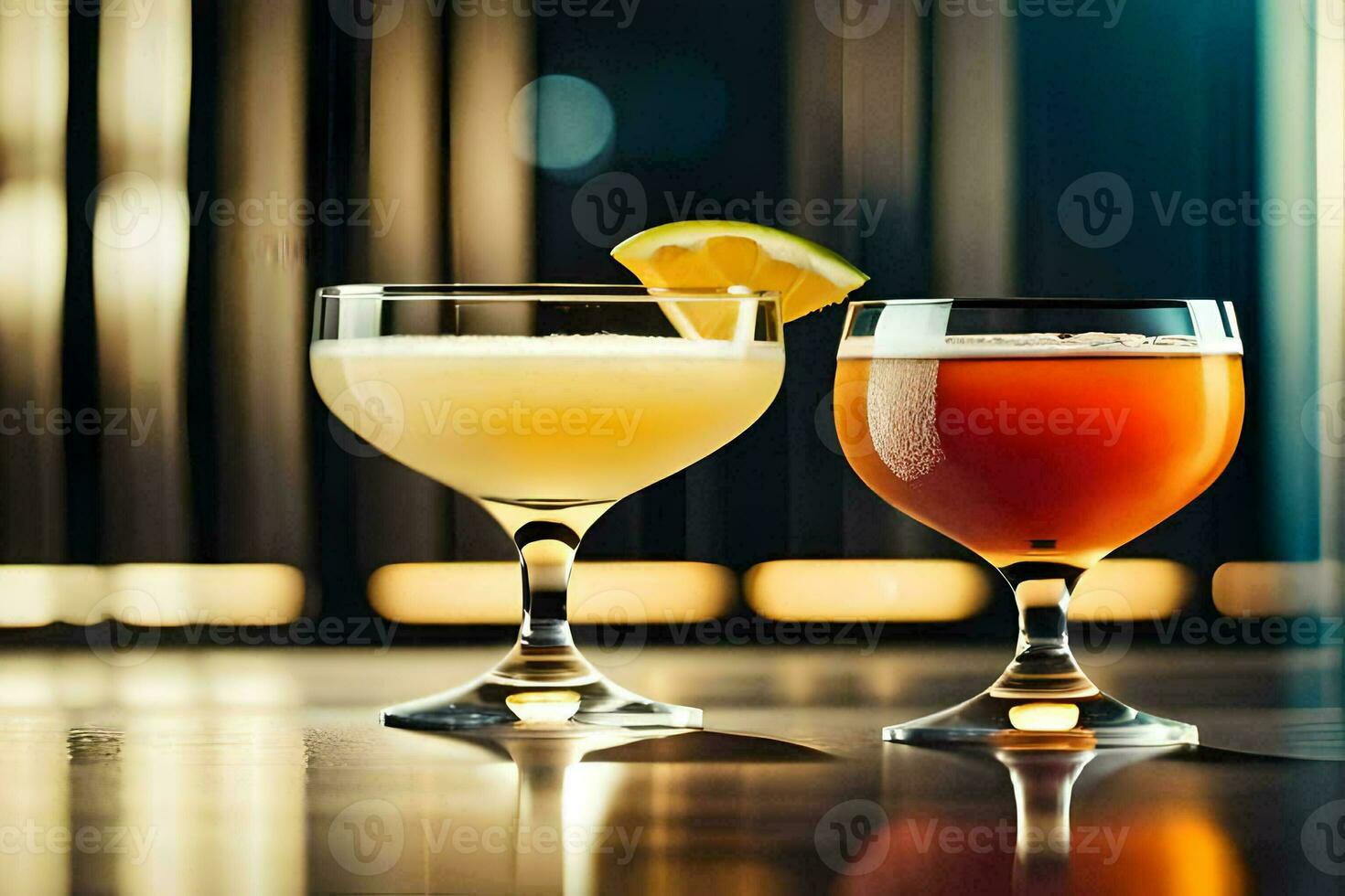 two cocktails sit on a table in front of a window. AI-Generated photo