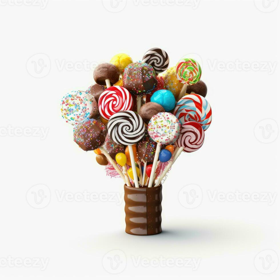 A group of colorful lollipops candy in a chocolate glass on white background. AI Generated photo