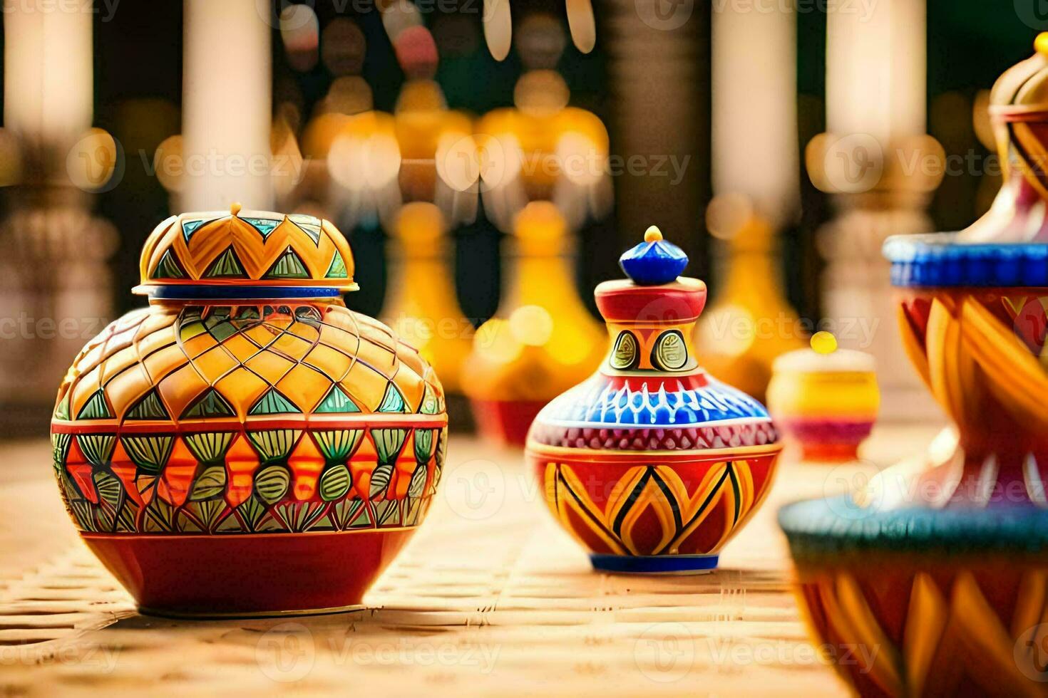 colorful vases are lined up on a table. AI-Generated photo