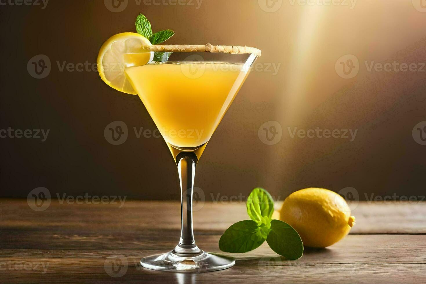 a cocktail with lemon and mint on a wooden table. AI-Generated photo