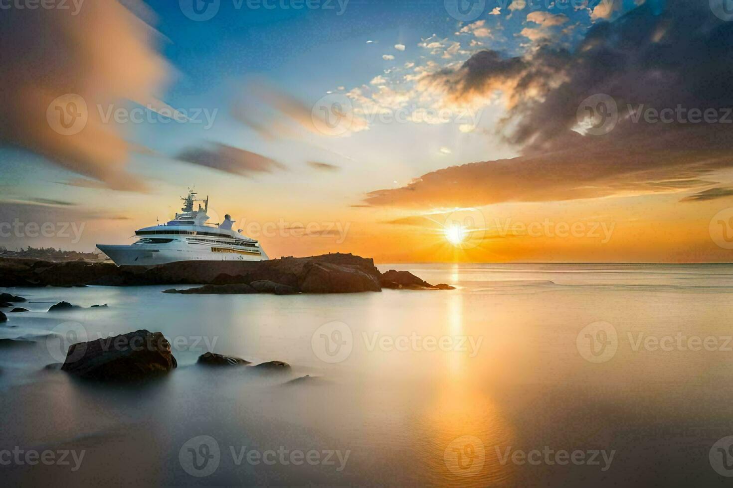 a yacht is docked at sunset on the ocean. AI-Generated photo