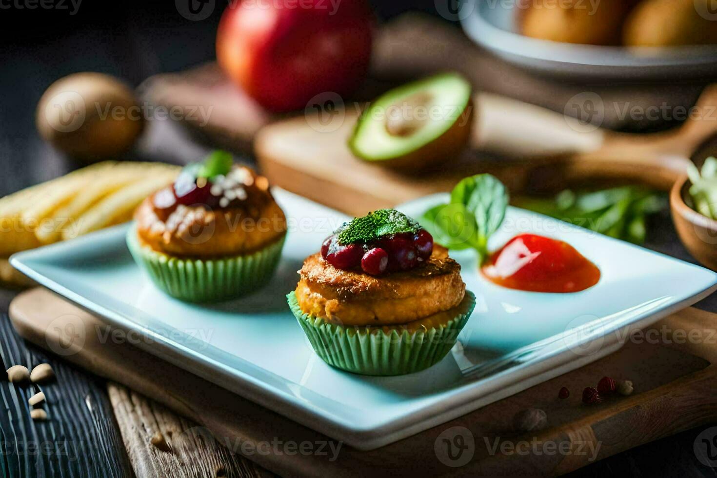 two muffins on a plate with fruit and vegetables. AI-Generated photo