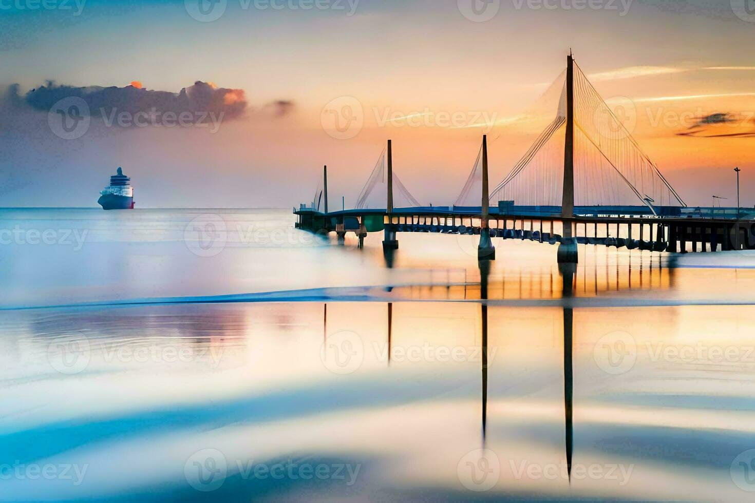 a pier with a boat at sunset. AI-Generated photo
