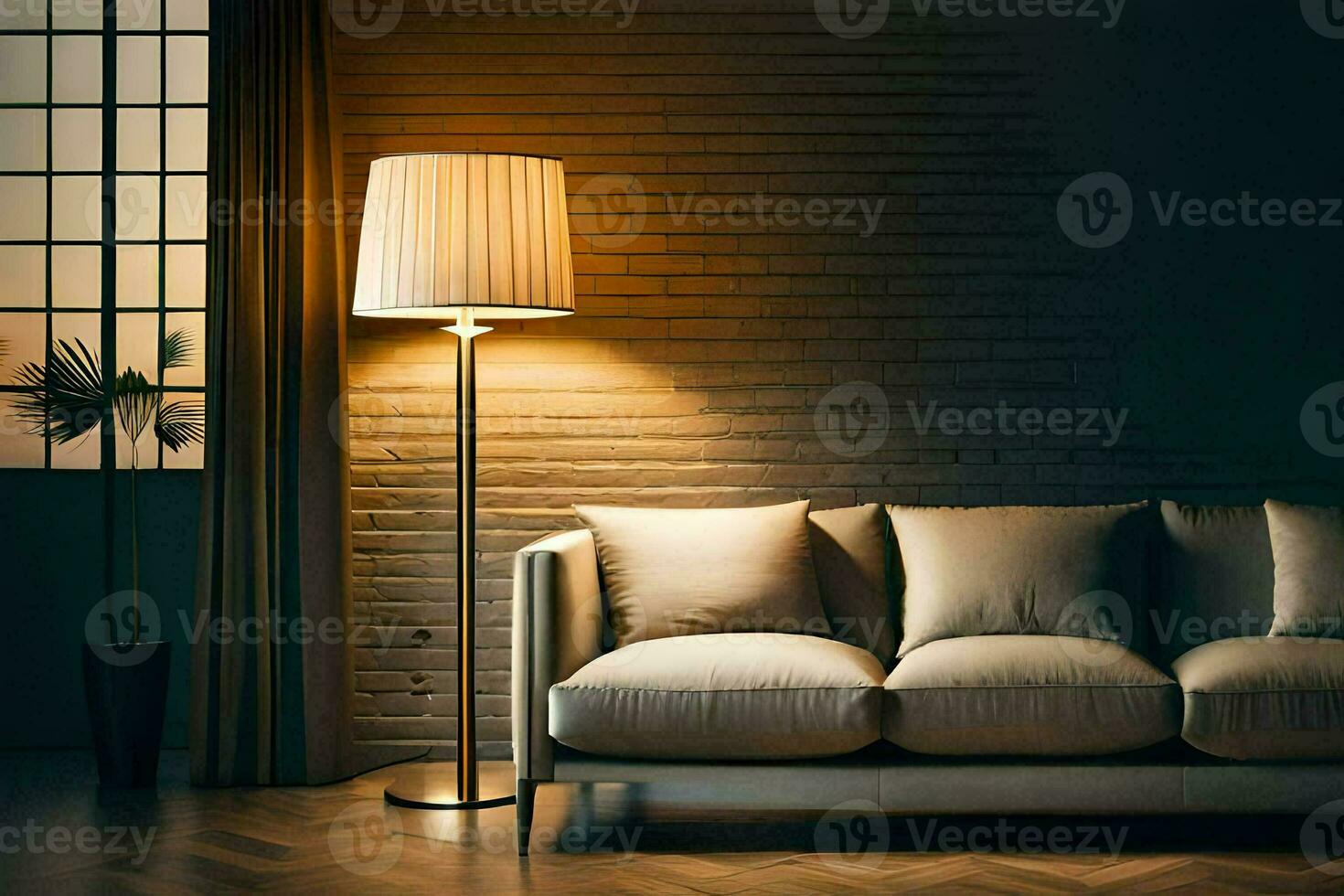 a modern living room with a couch and lamp. AI-Generated photo