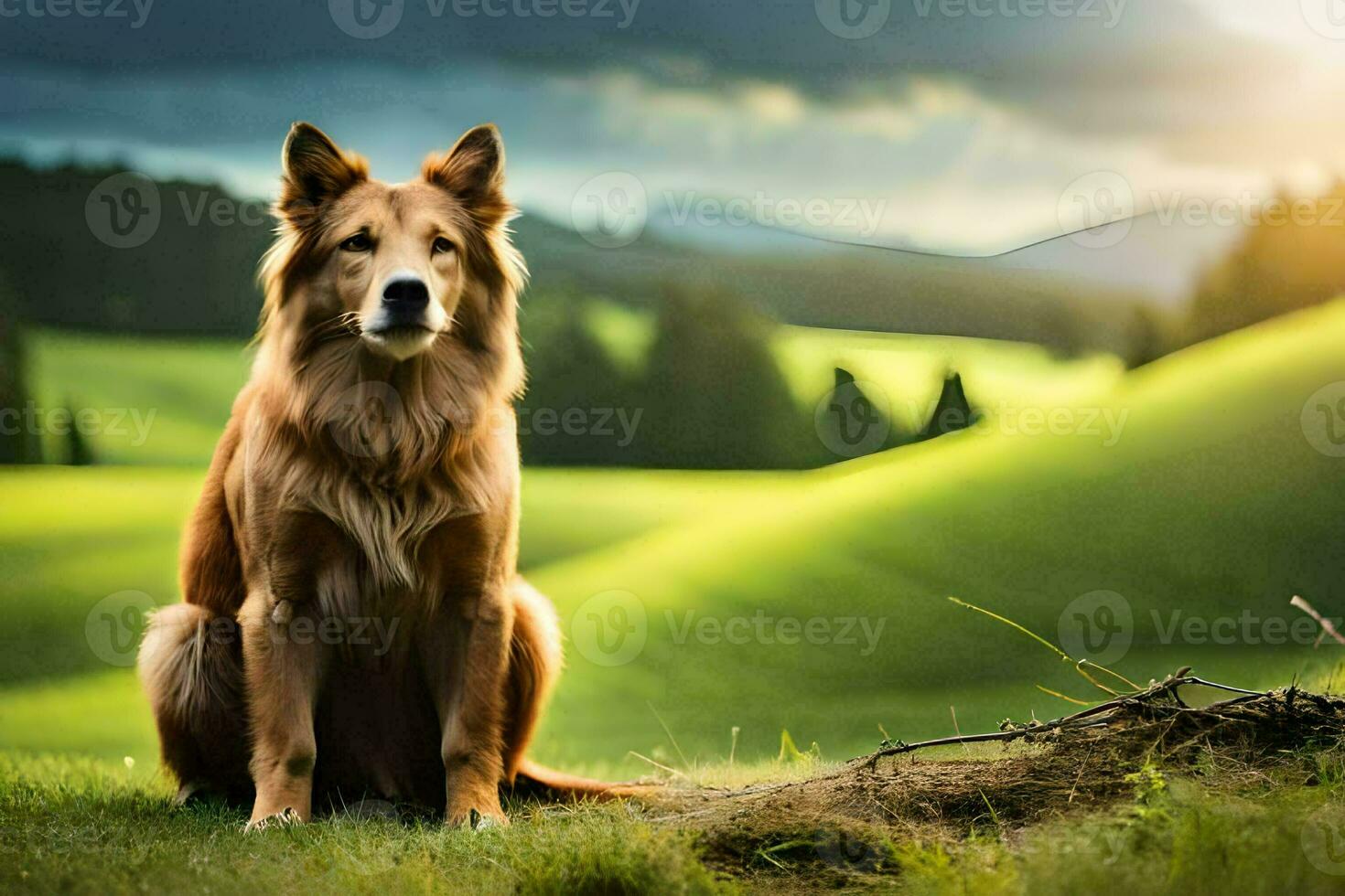 a dog sitting in the grass on a hillside. AI-Generated photo
