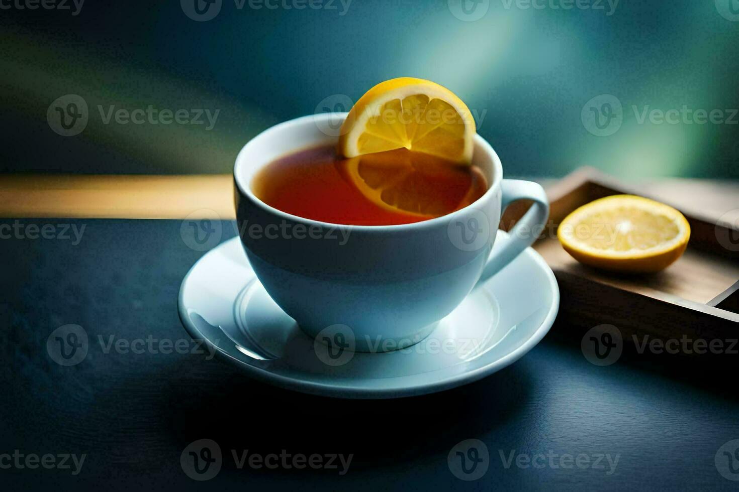 un taza de té con limón rebanadas en un de madera bandeja. generado por ai foto