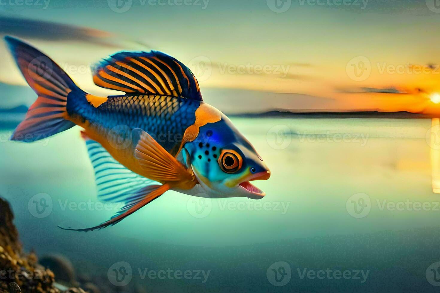 a fish with bright colors is swimming in the water. AI-Generated photo