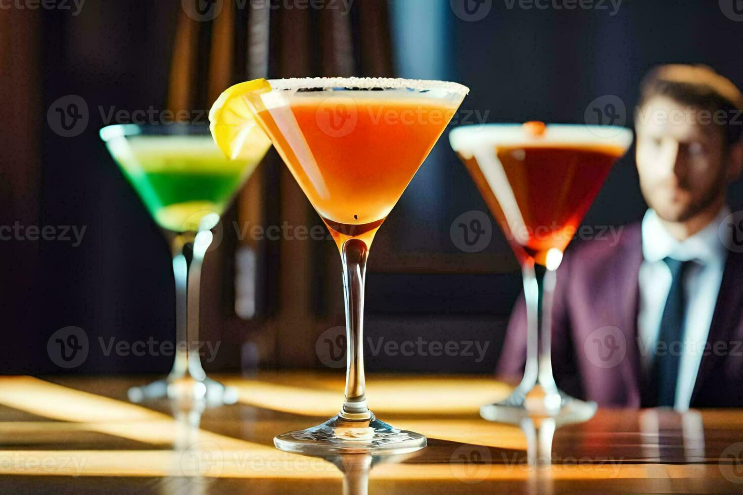 three different cocktails on a bar. AI-Generated photo