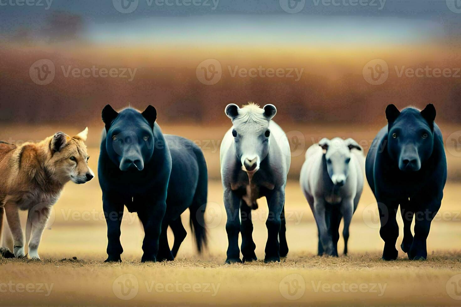 un grupo de caballos y un perro caminando juntos. generado por ai foto