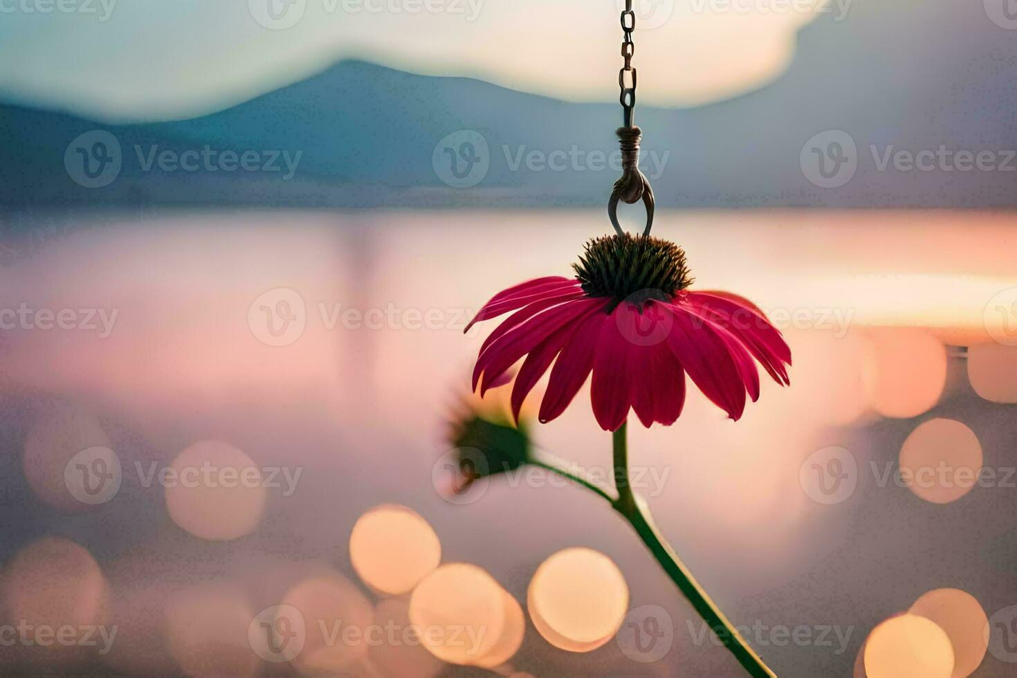 un rosado flor colgando desde un cadena por un lago. generado por ai foto