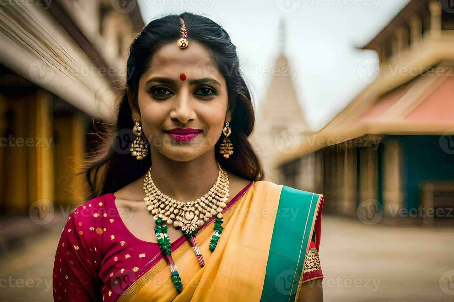 a woman in a traditional sari poses for a portrait. AI-Generated photo