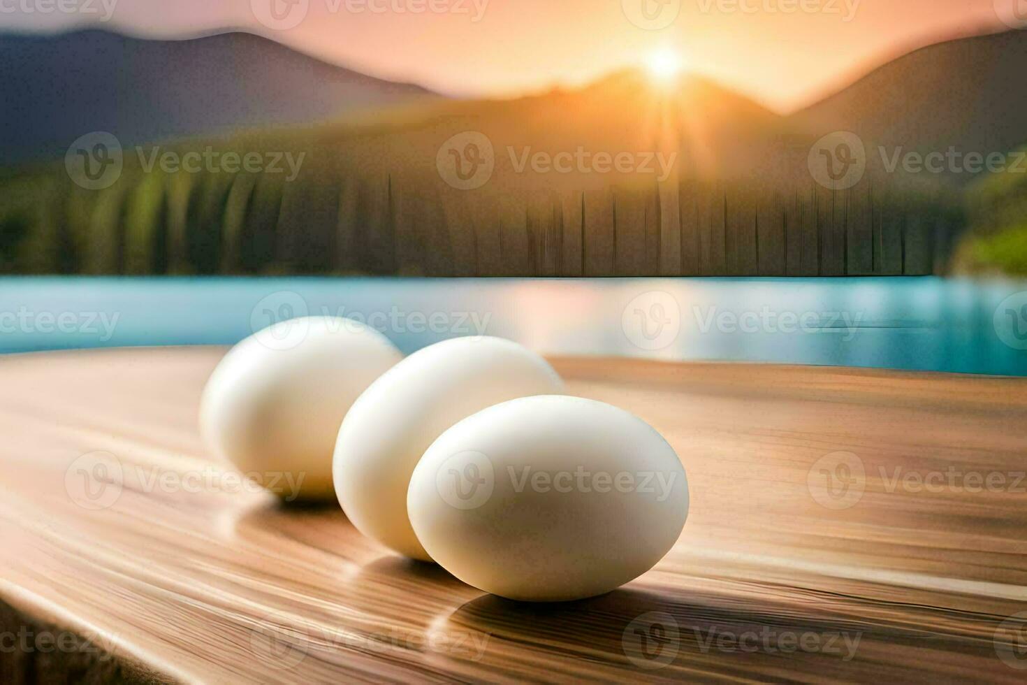 three eggs on a wooden table in front of a lake. AI-Generated photo