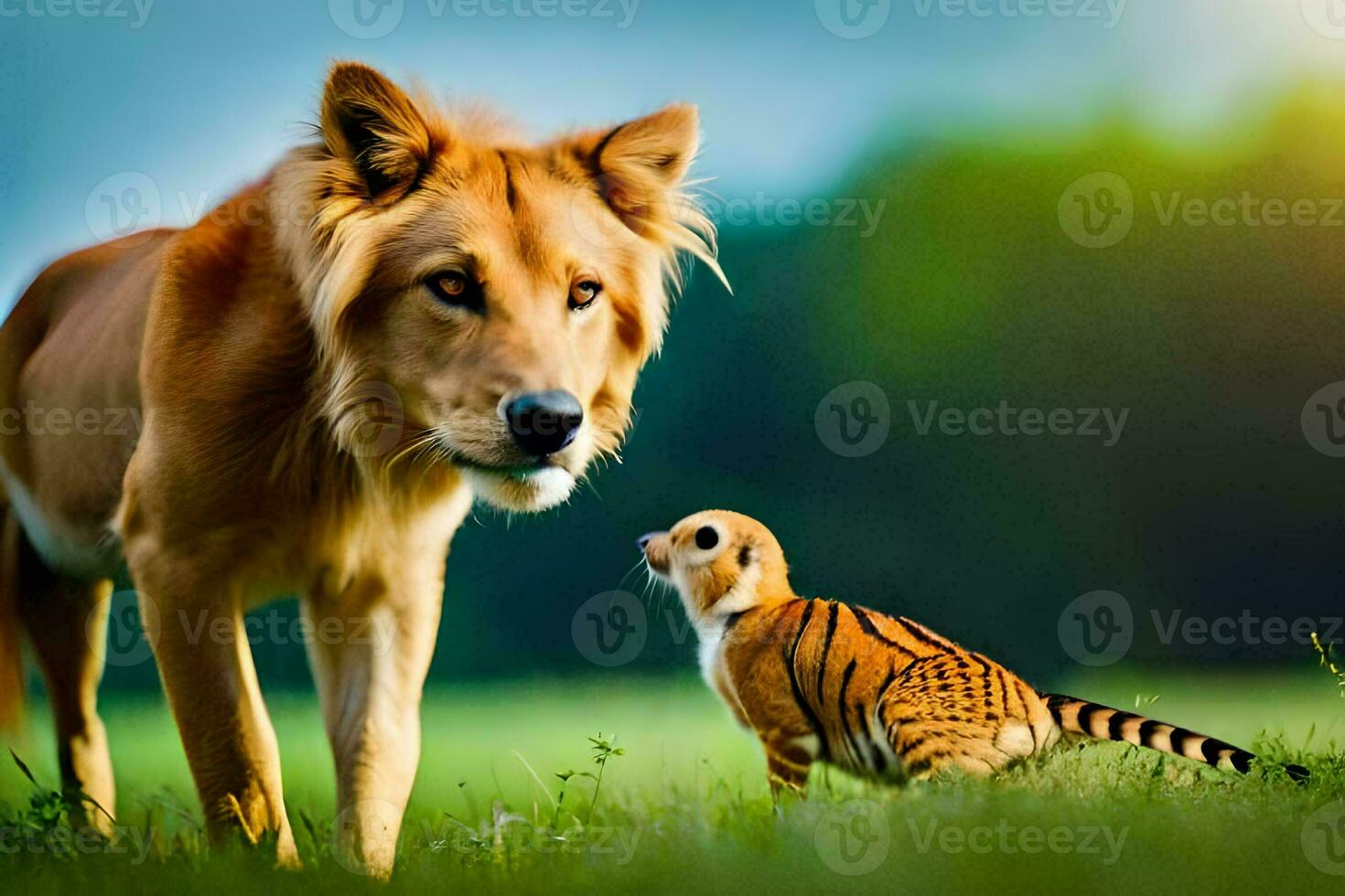 un león y un pequeño gato en pie en el césped. generado por ai foto