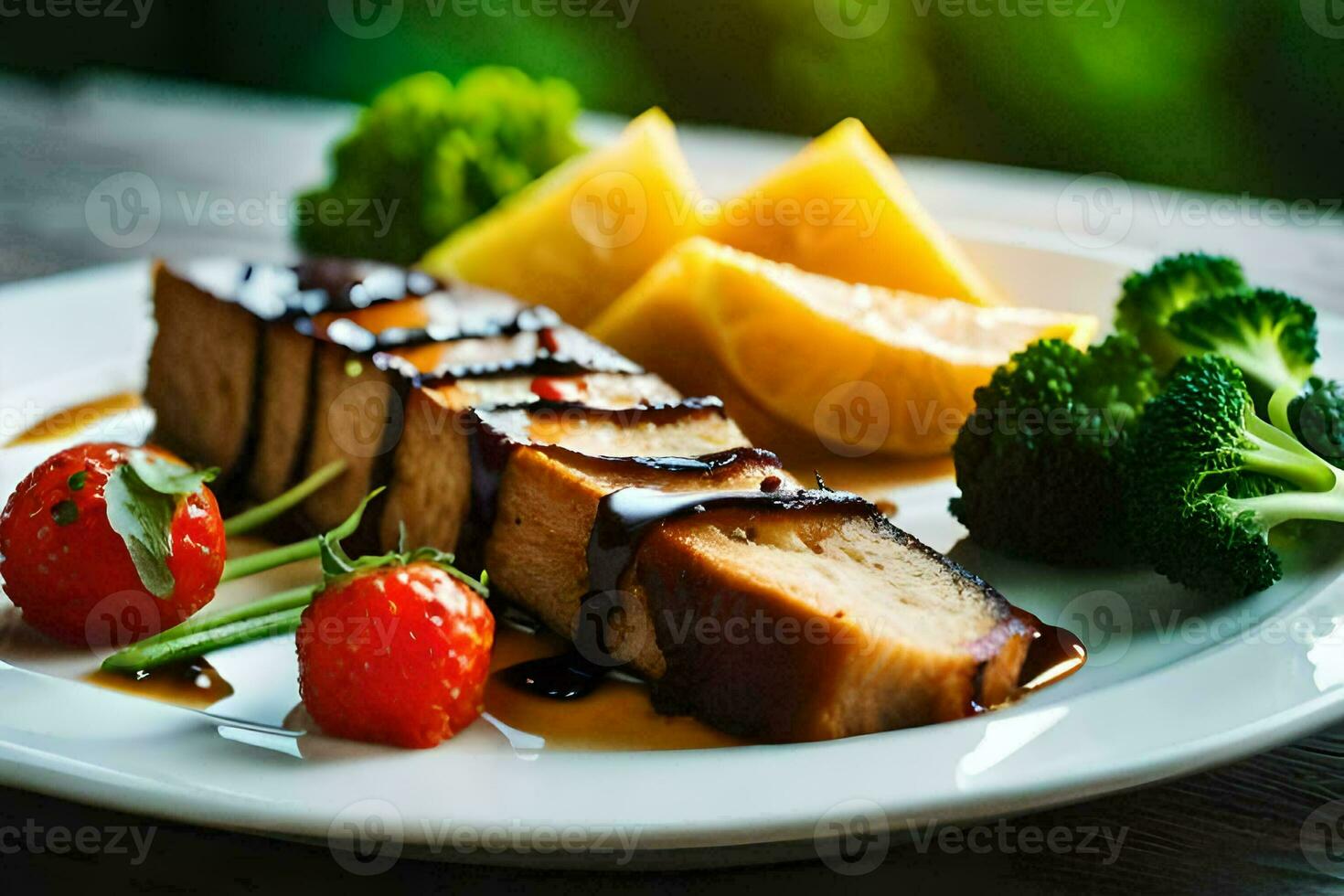 a plate with meat, fruit and vegetables on it. AI-Generated photo