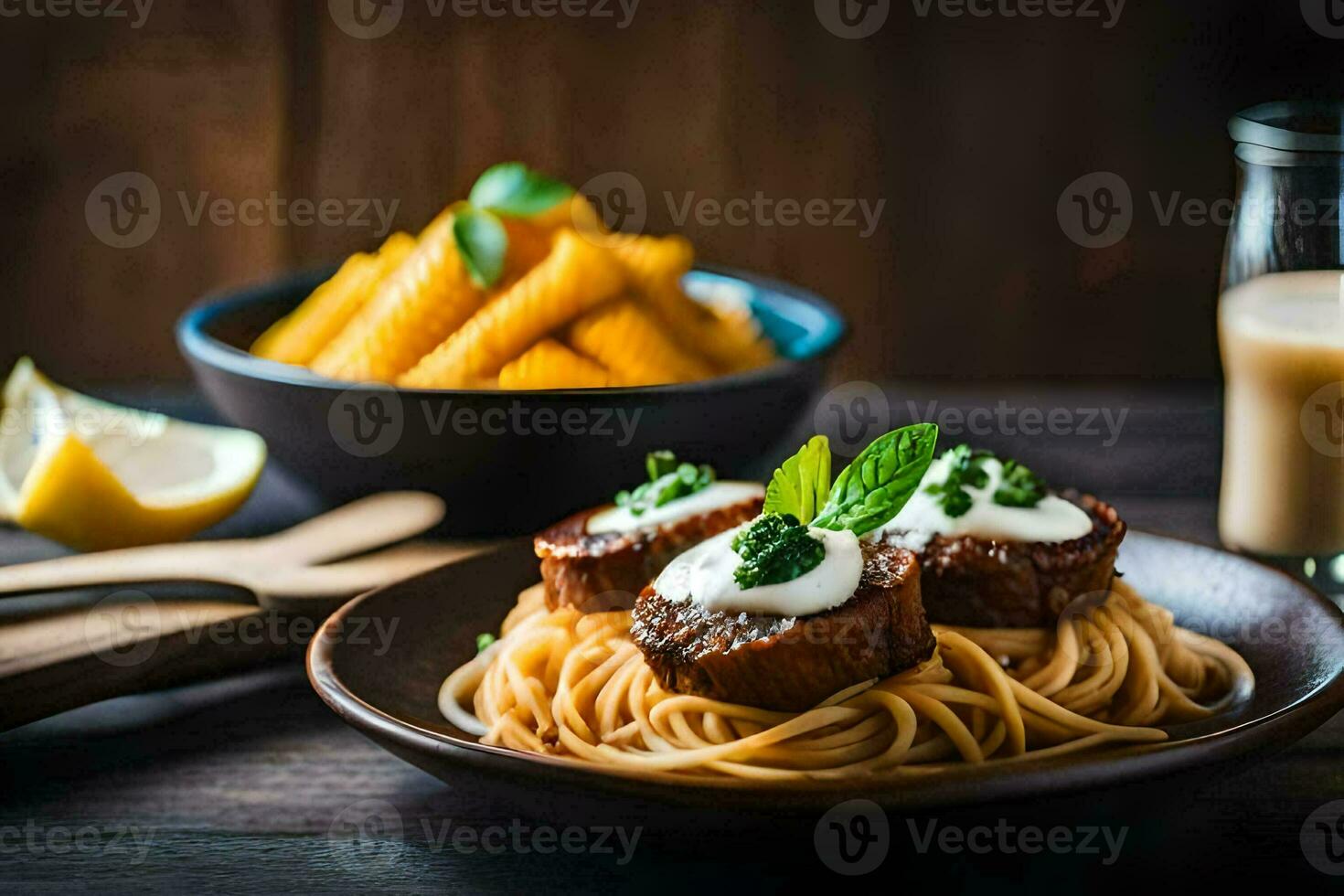 spaghetti with meat and sauce on a wooden table. AI-Generated photo