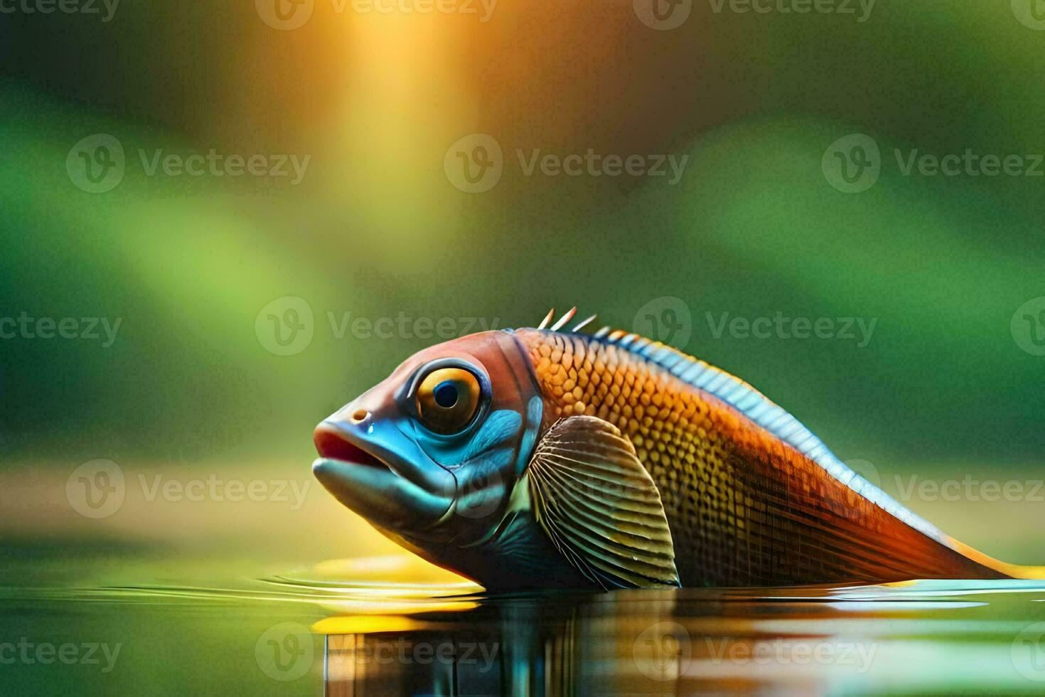 a fish is swimming in the water with the sun in the background. AI-Generated photo