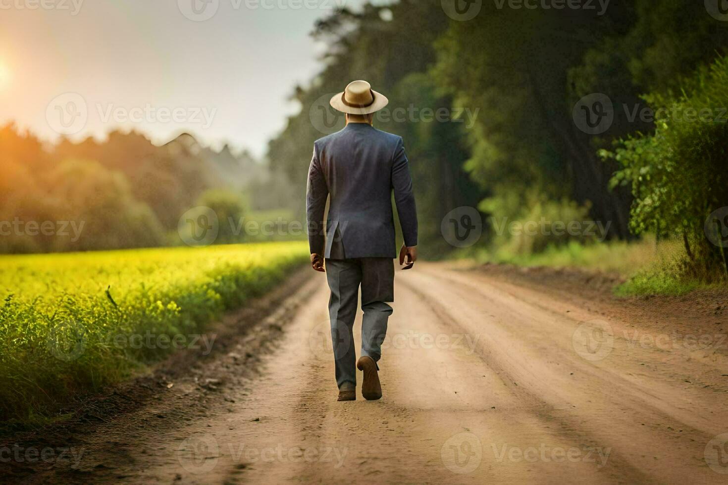 un hombre en un traje y sombrero camina abajo un suciedad la carretera. generado por ai foto