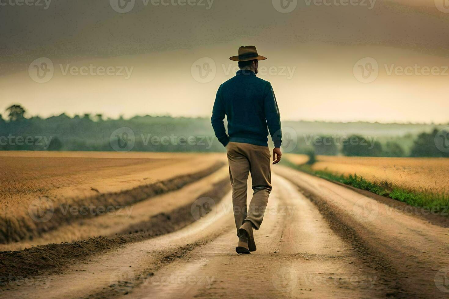 man walking on a road in the countryside. AI-Generated photo