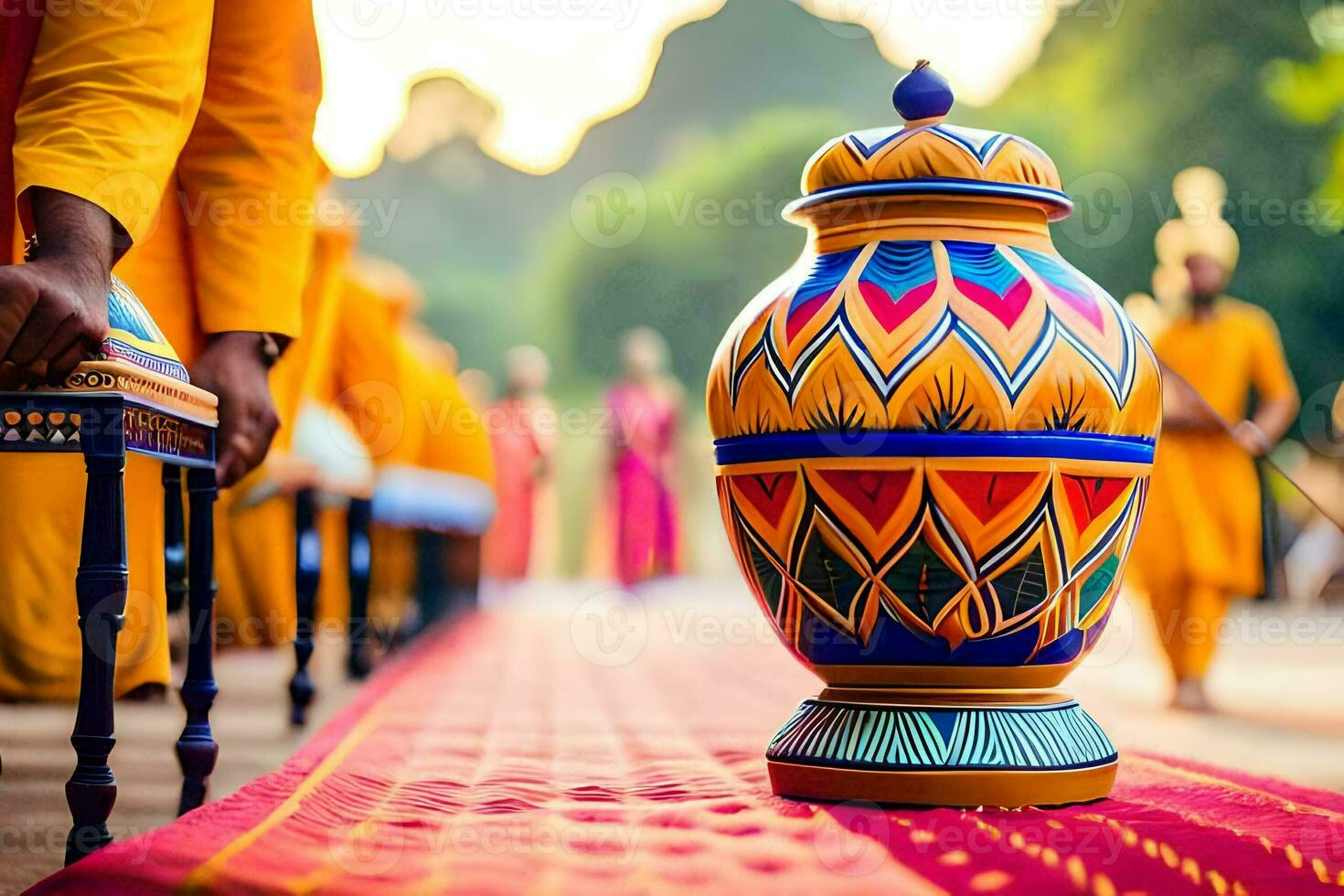 a colorful vase on a red carpet. AI-Generated photo