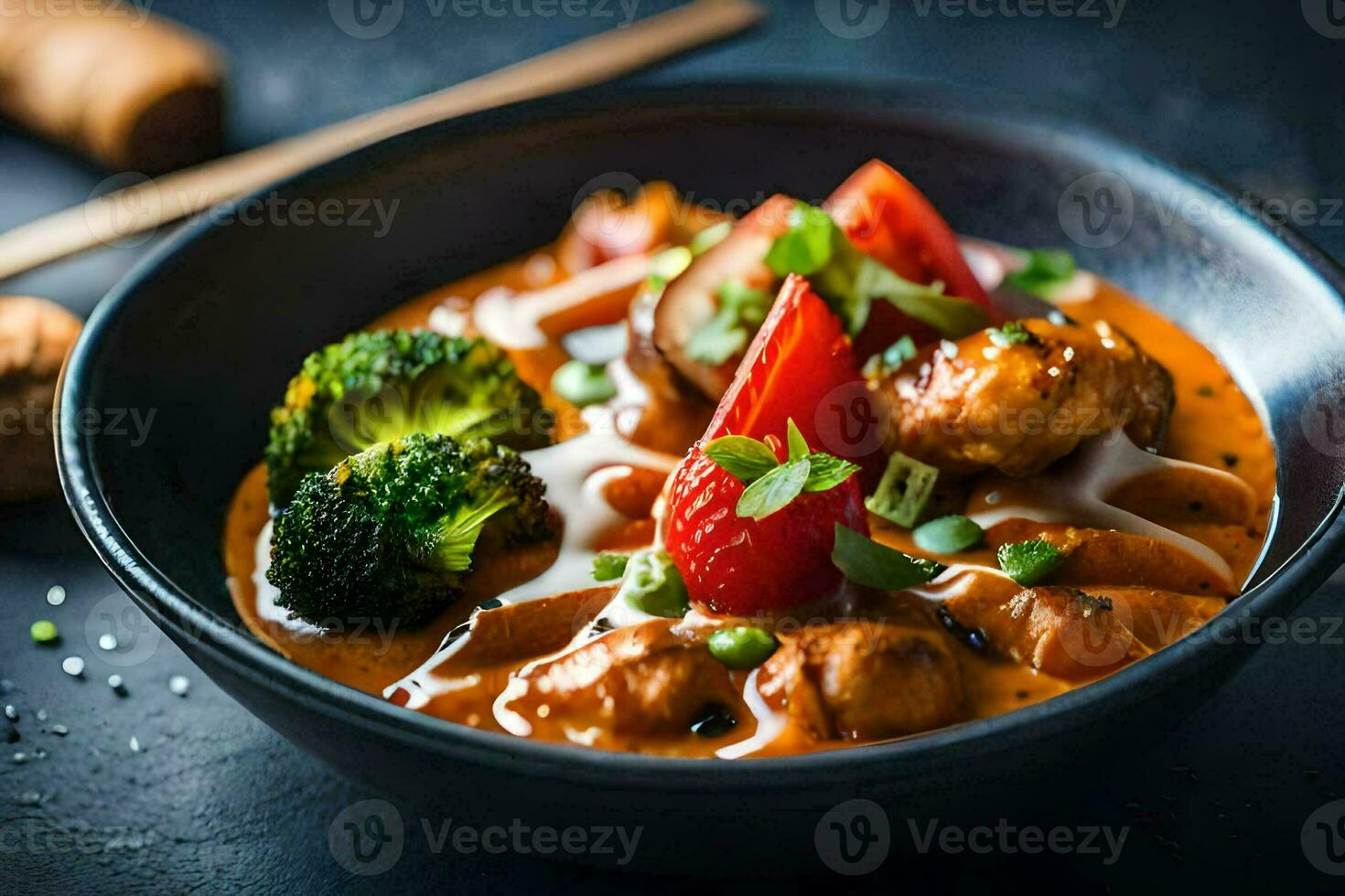 chicken curry in a bowl with broccoli and tomatoes. AI-Generated photo