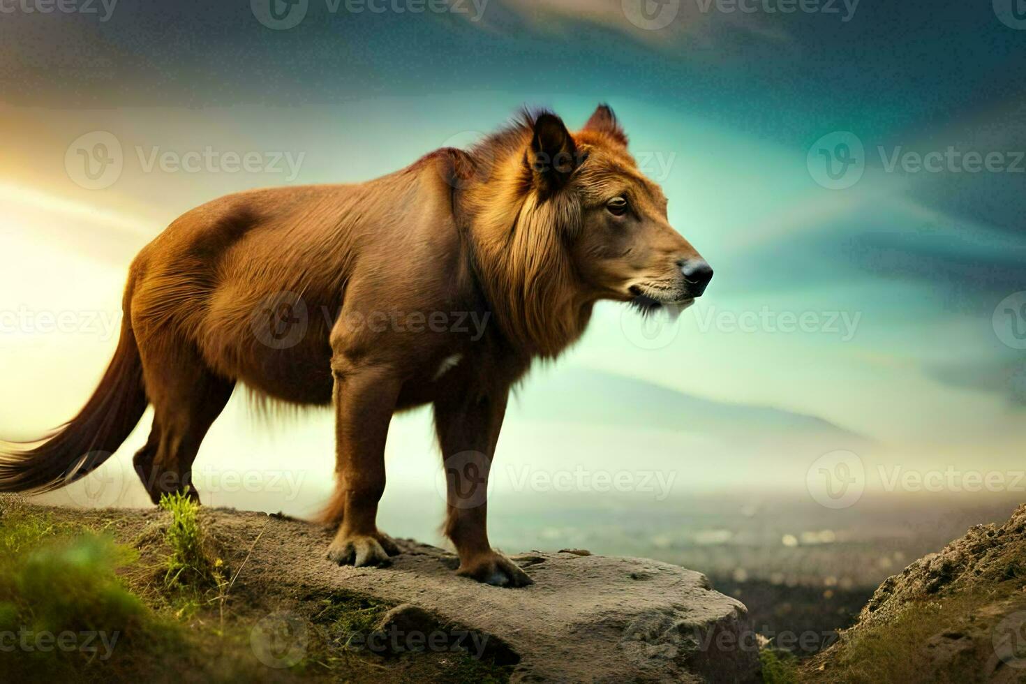 a lion standing on top of a hill with a sunset in the background. AI-Generated photo