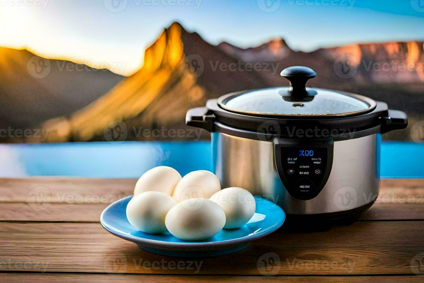 eggs on a plate next to a slow cooker. AI-Generated photo