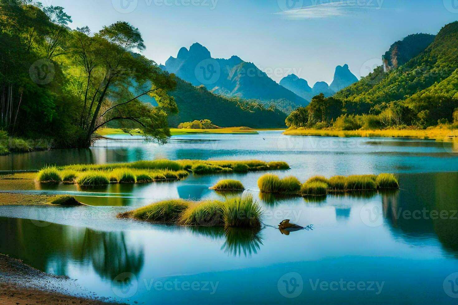 a lake surrounded by mountains and grass. AI-Generated photo