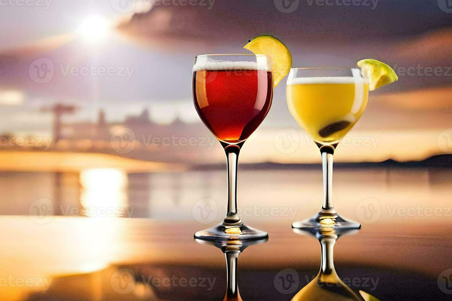 two glasses of alcohol with a sunset in the background. AI-Generated photo