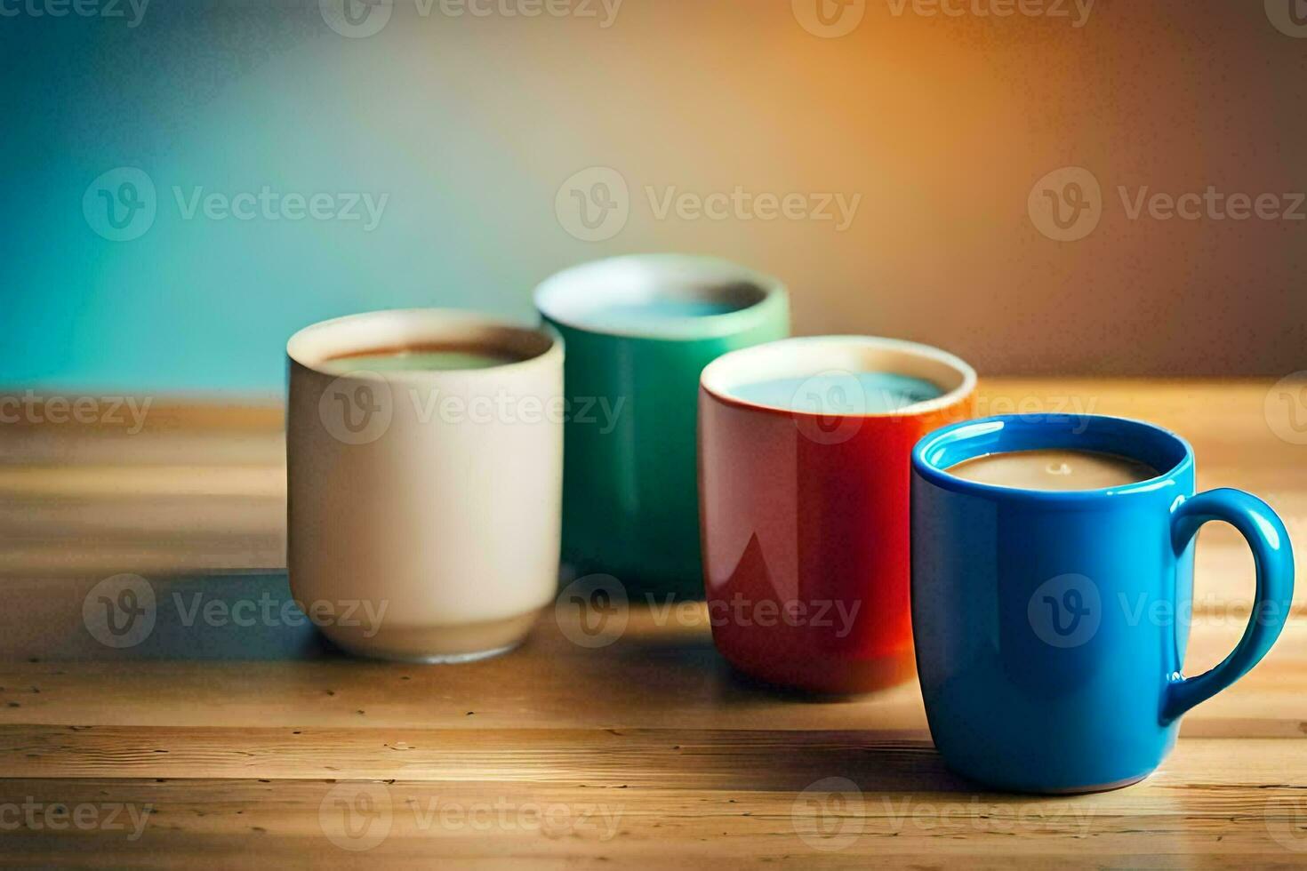 four colorful coffee cups on a wooden table. AI-Generated photo