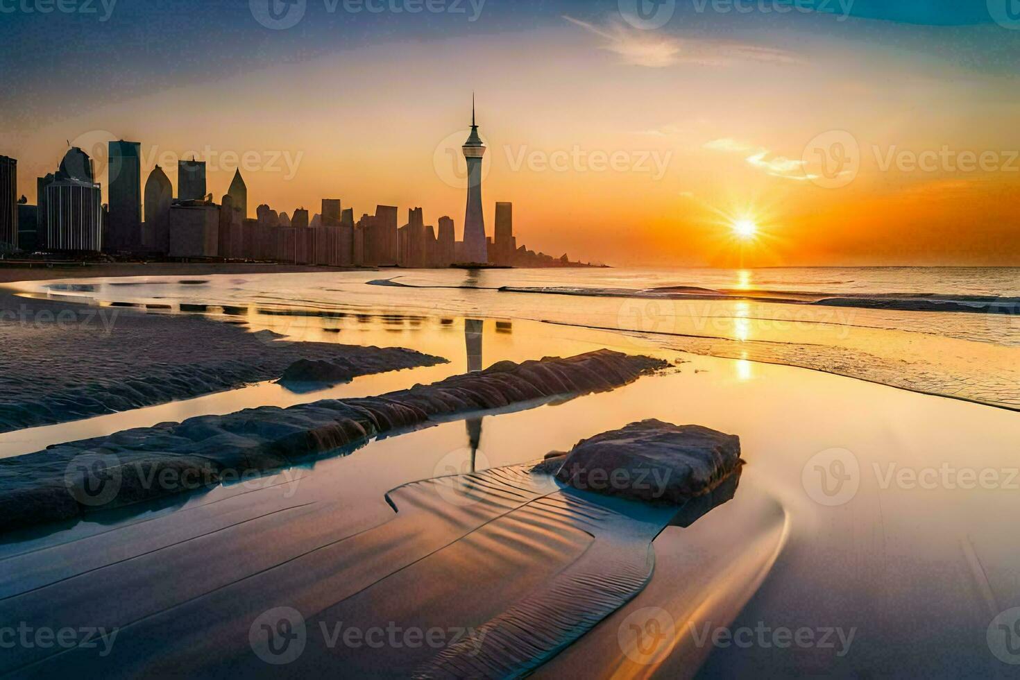 the sun sets over the city skyline in dubai. AI-Generated photo