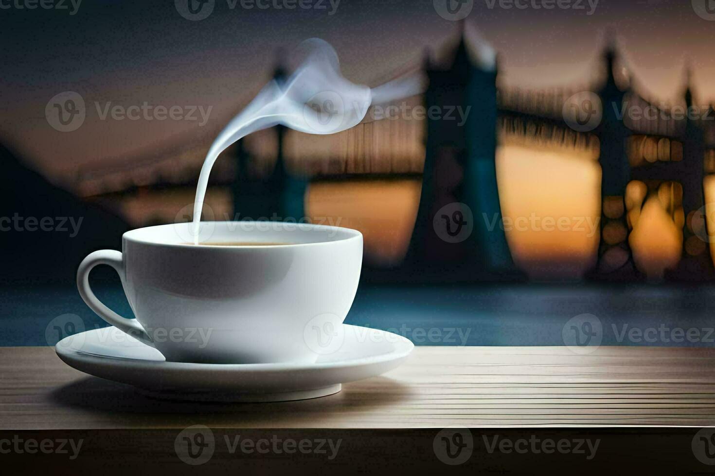 cup of coffee with a view of the bridge. AI-Generated photo