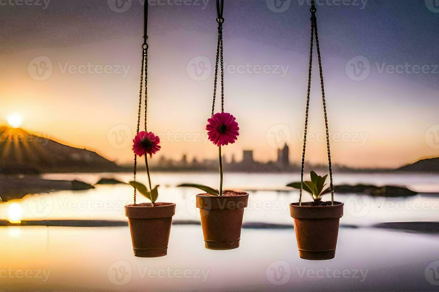 three flower pots hanging from a rope over a body of water. AI