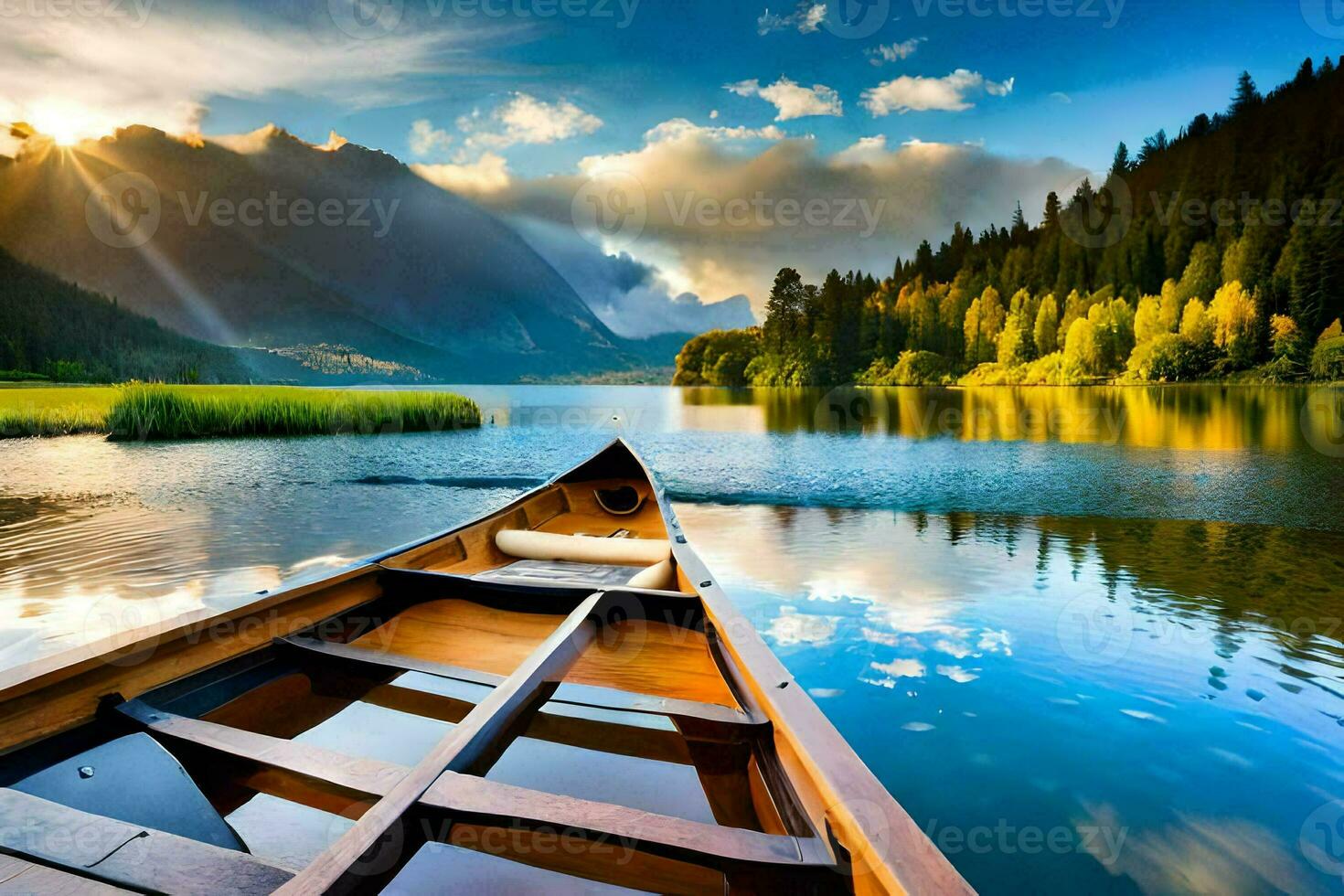 the boat is on the lake with the sun shining on it. AI-Generated photo