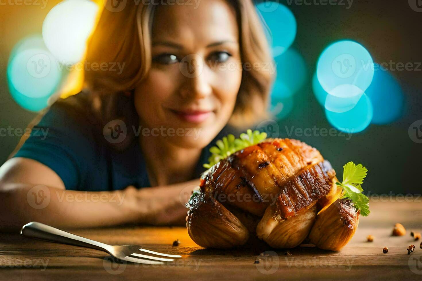 un mujer es posando con un pollo en un mesa. generado por ai foto