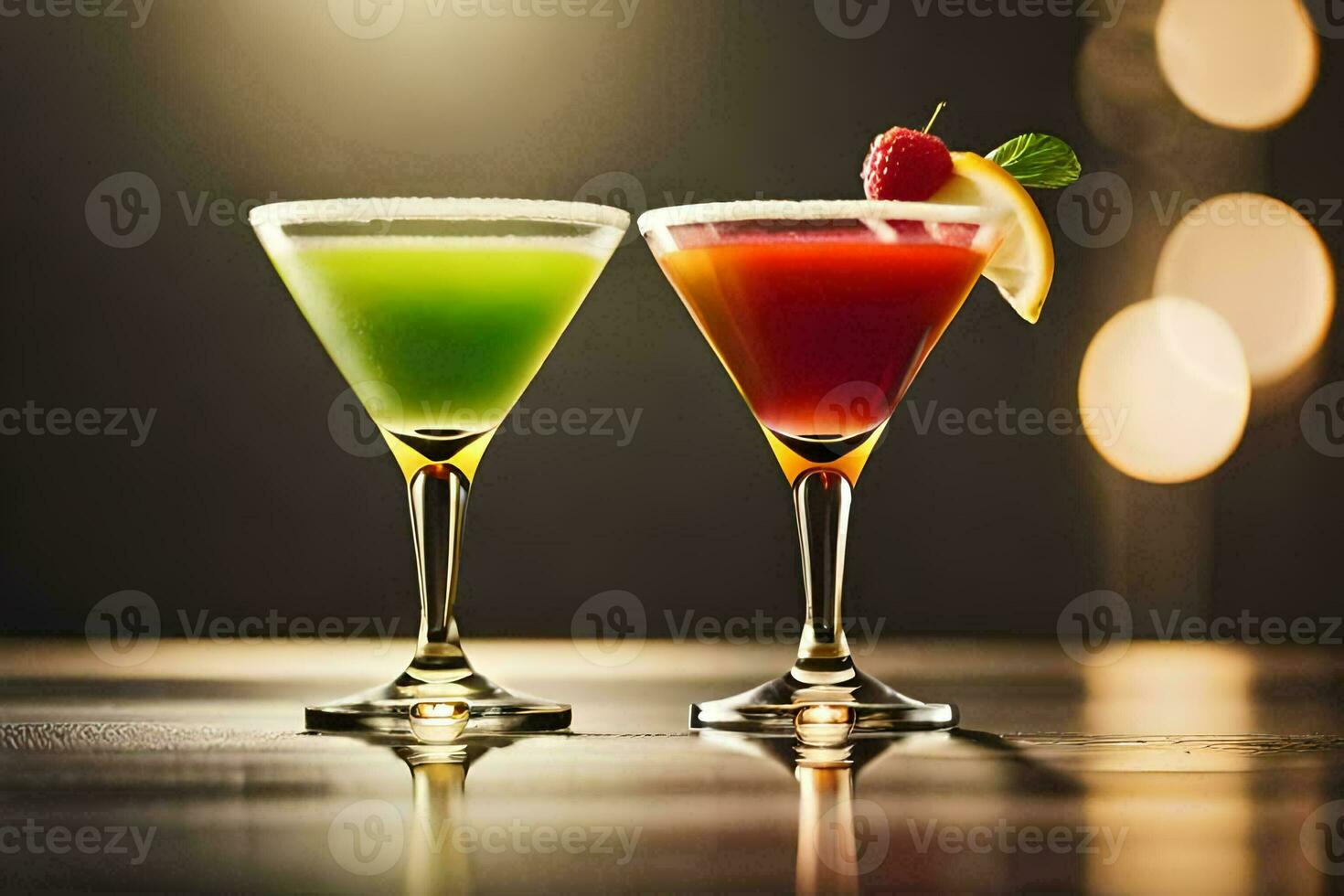 two colorful cocktails on a table. AI-Generated photo