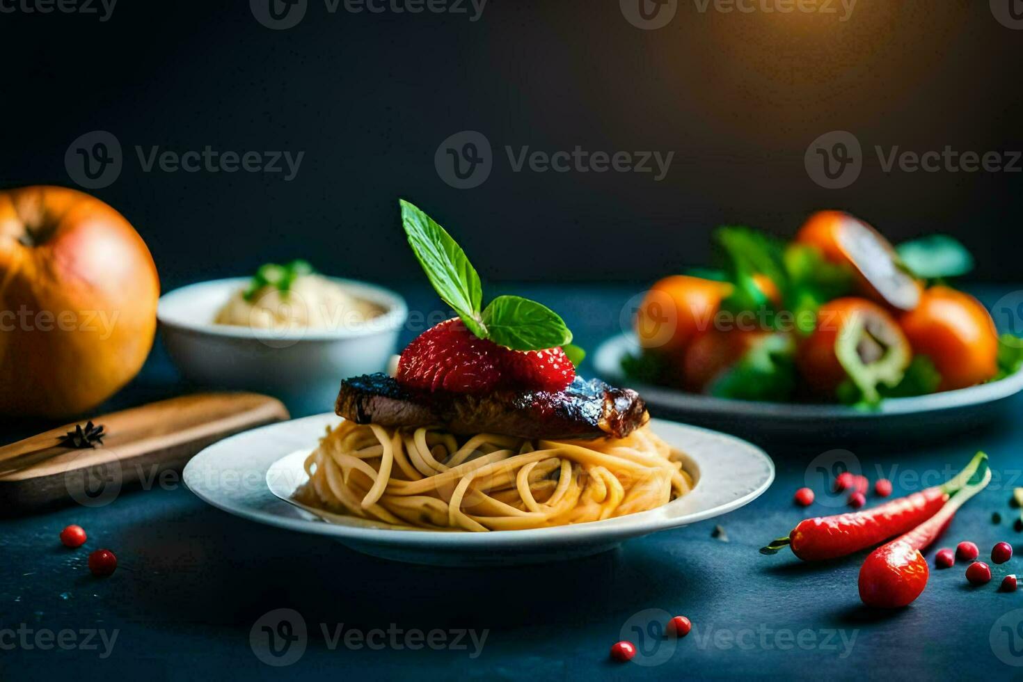 spaghetti with meat and tomato sauce on a plate. AI-Generated photo