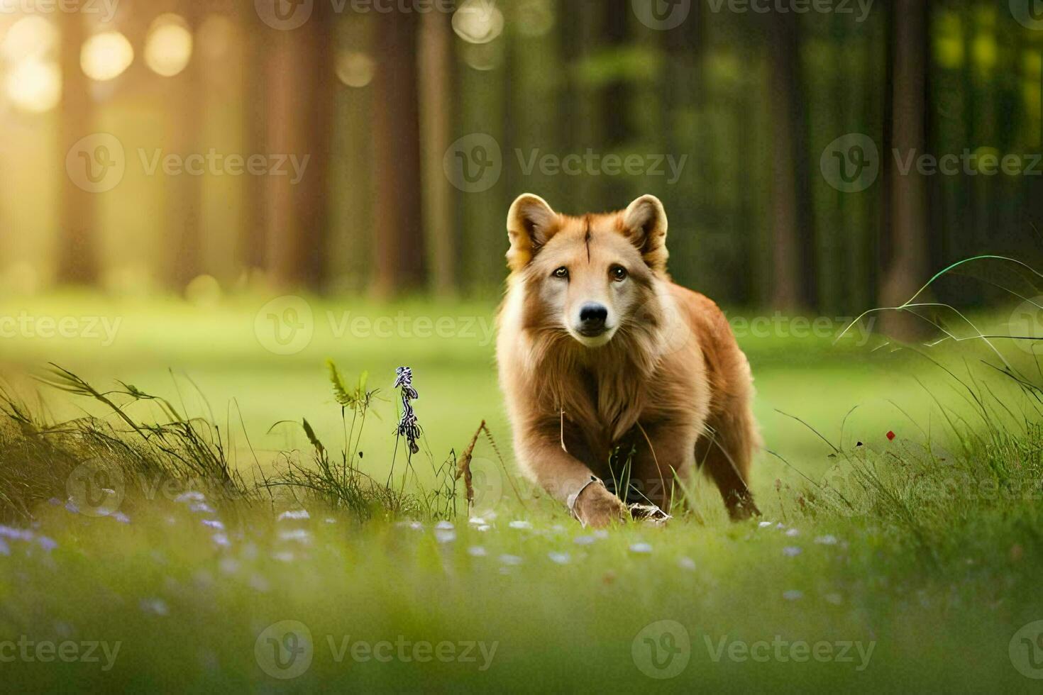 a dog walking through a field with trees in the background. AI-Generated photo