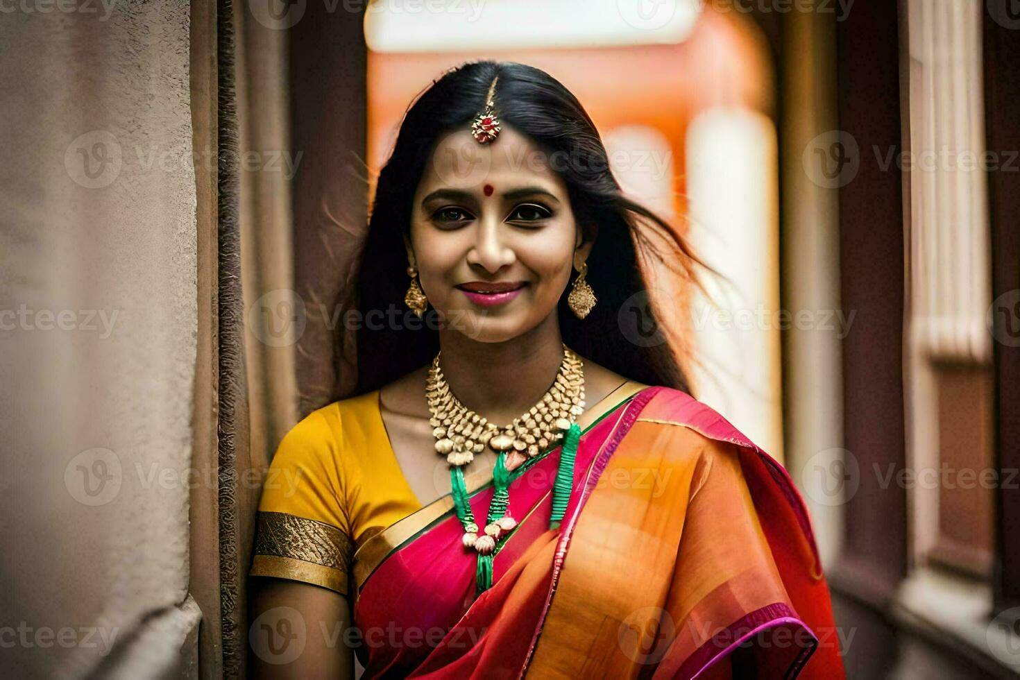 a beautiful indian woman in a colorful sari. AI-Generated photo