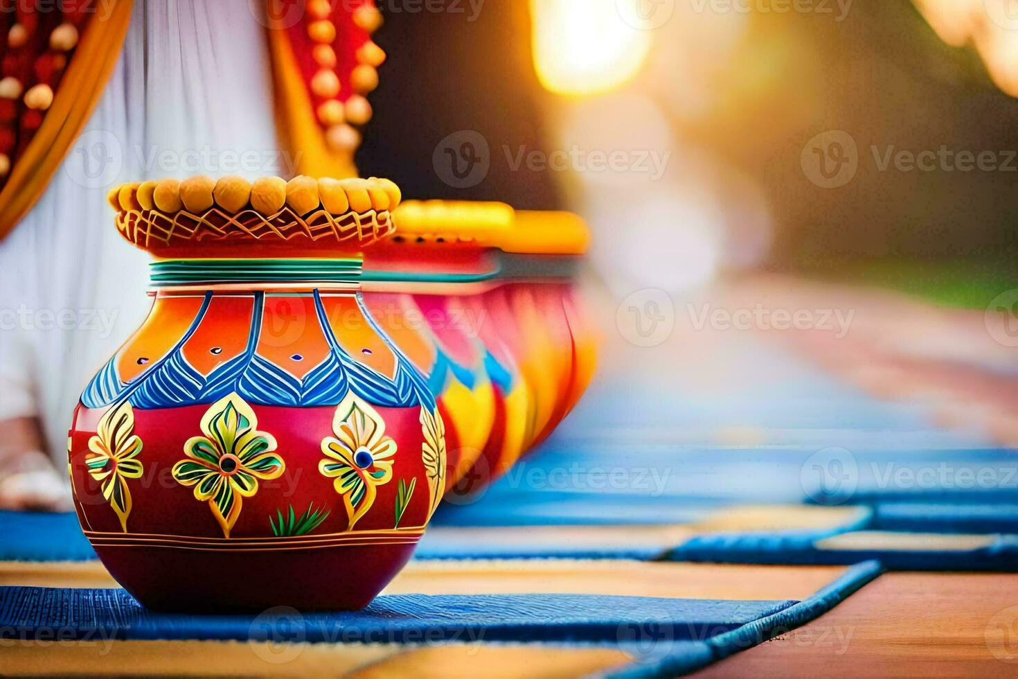 a row of colorful vases on a blue mat. AI-Generated photo