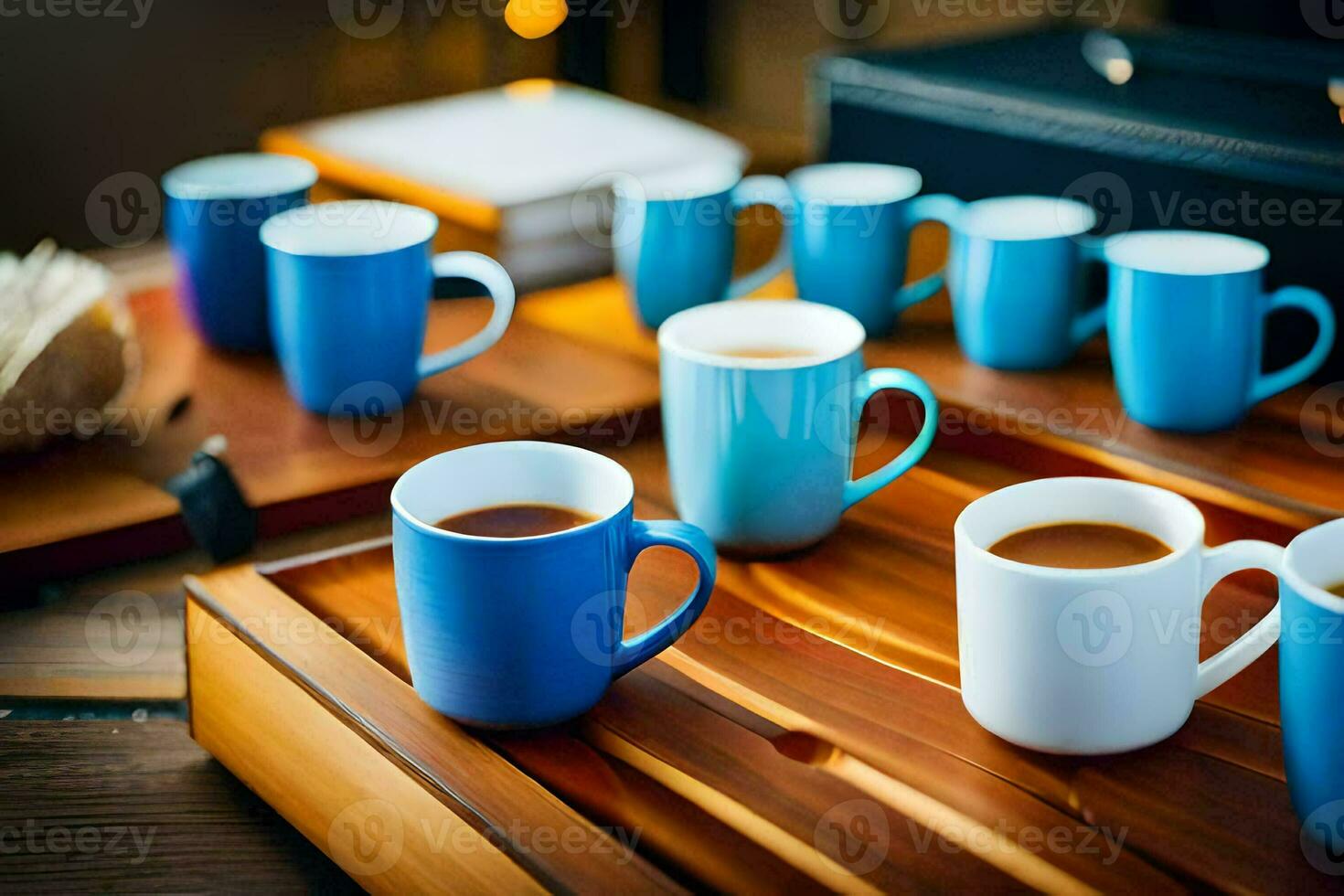 a tray of coffee cups on a wooden table. AI-Generated photo