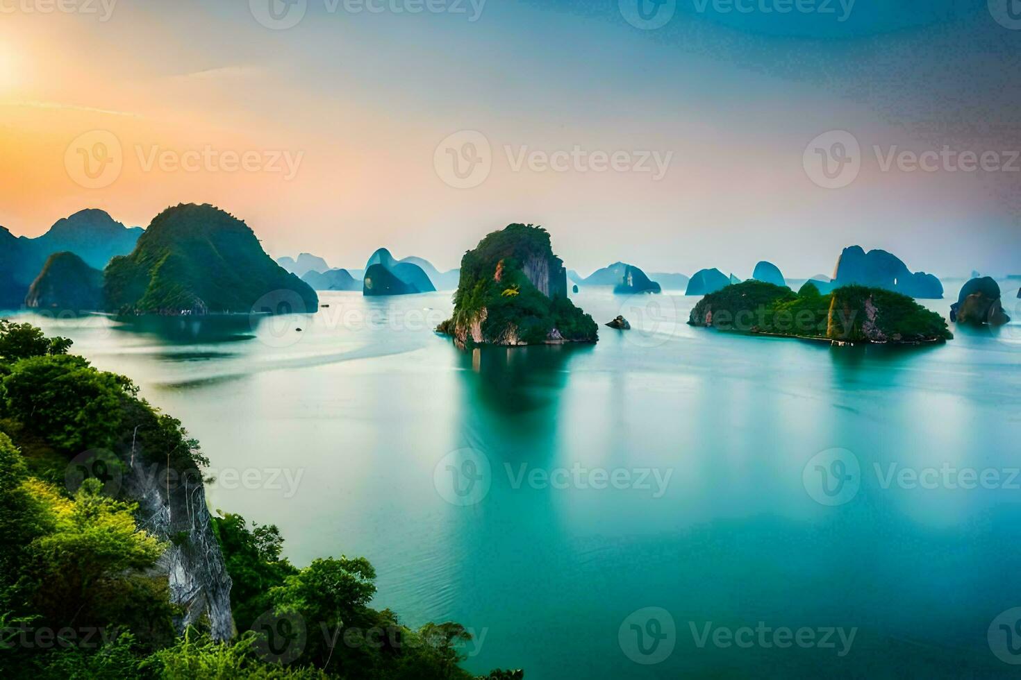 the sun sets over the water in halong bay, vietnam. AI-Generated photo