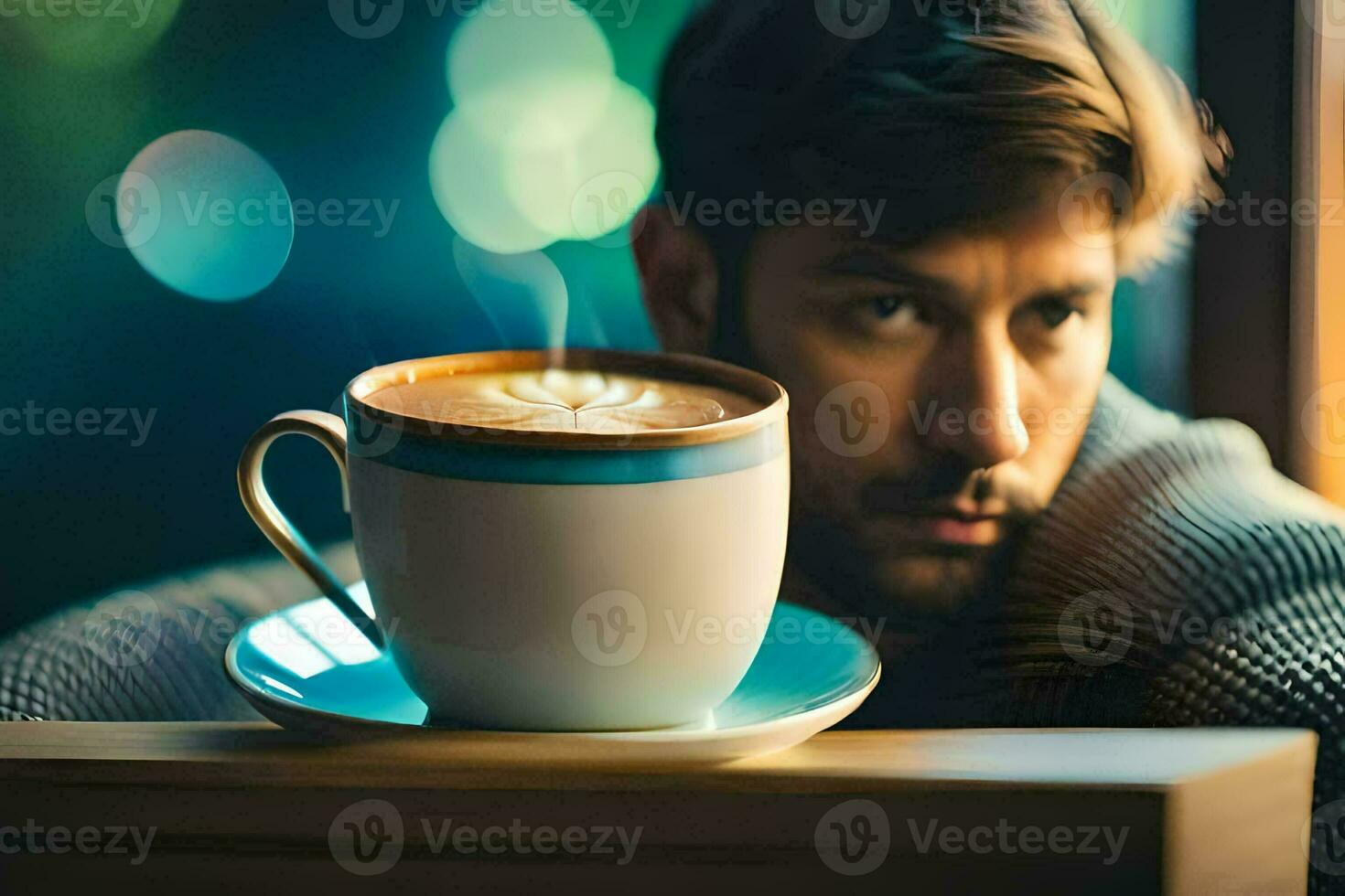 a man sitting in front of a coffee cup. AI-Generated photo