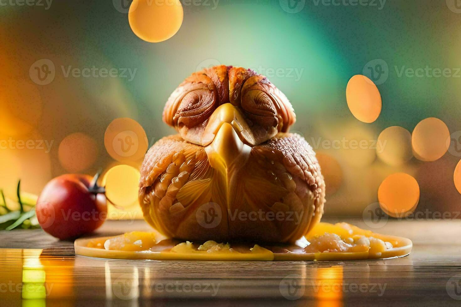 a turkey is sitting on top of a piece of fruit. AI-Generated photo