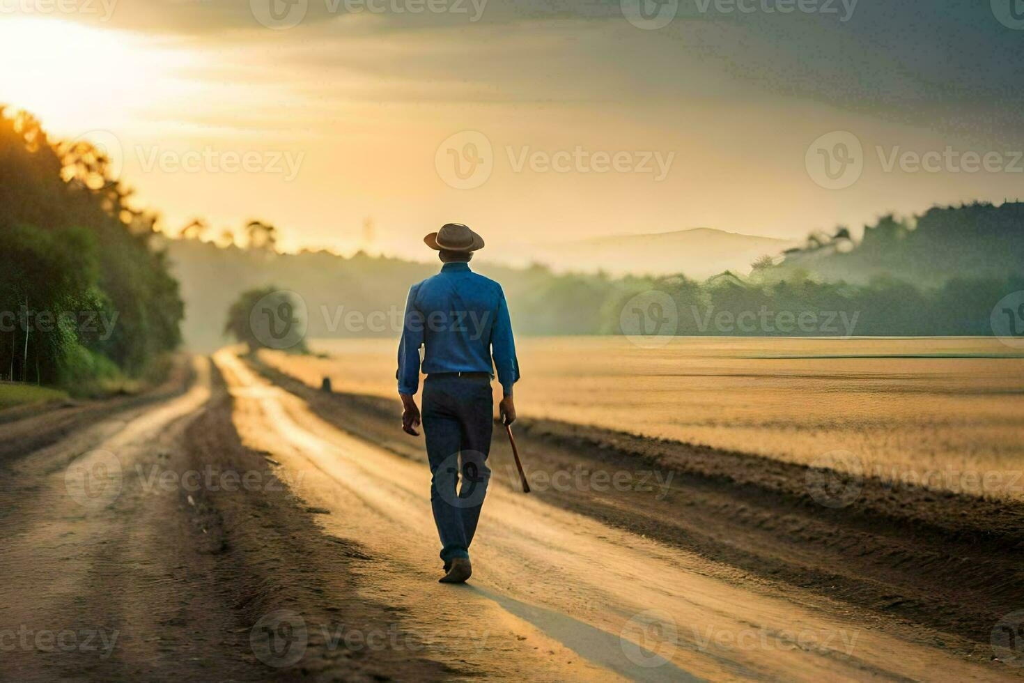 a man walking down a dirt road at sunset. AI-Generated photo