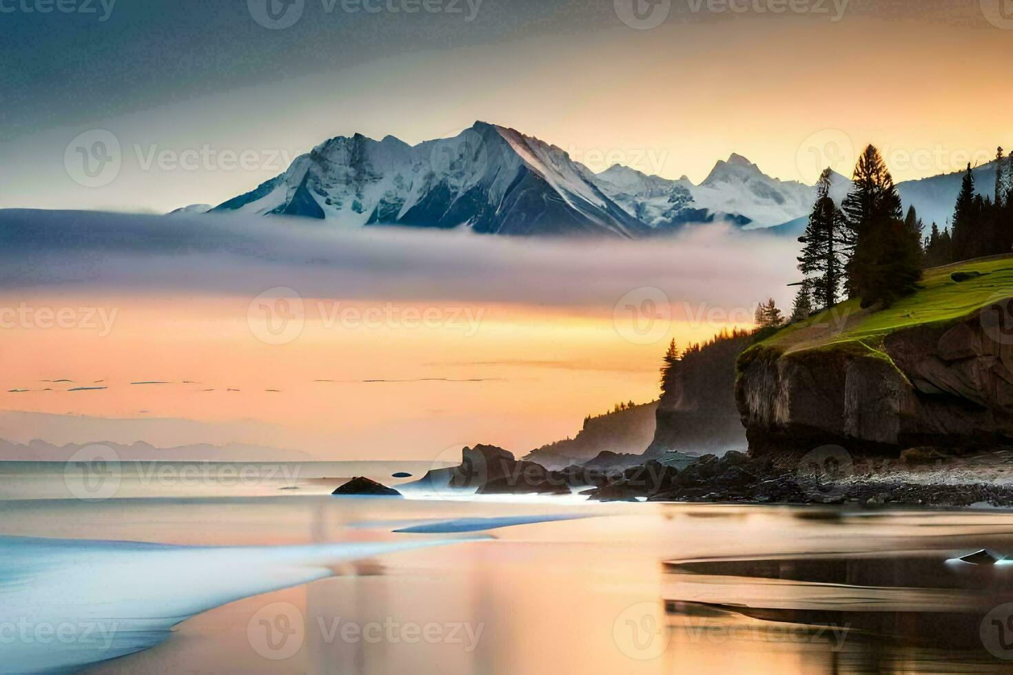 a beautiful sunset over the ocean and mountains. AI-Generated photo