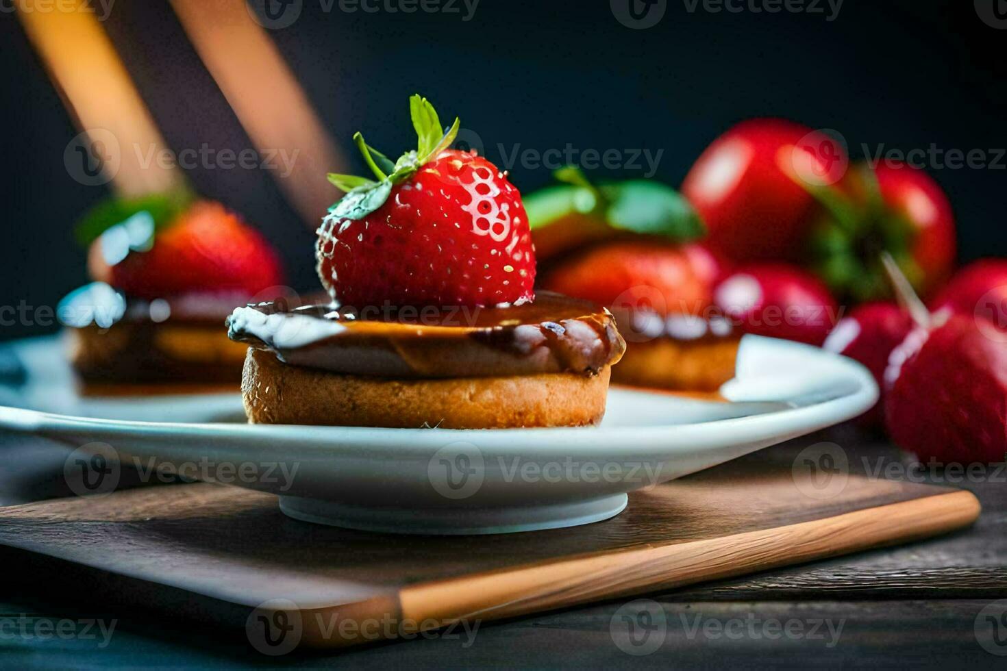 a plate with two cakes and strawberries. AI-Generated photo