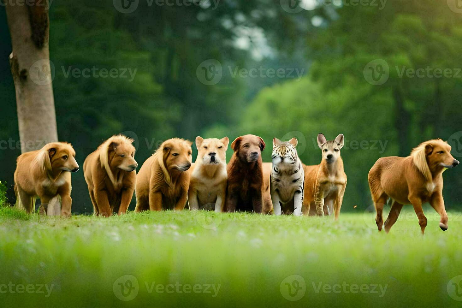 un grupo de perros en pie en un campo. generado por ai foto